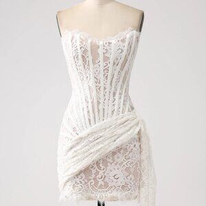 Classy Lace White Short Dress with Lace-up Back